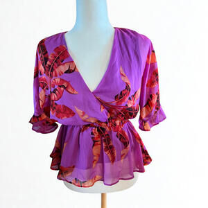Sofia Vergara Pink & Orange Palm Leaf V-Neck Peplum Blouse, Ruffle Sleeve XS